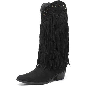 AMOJI Women Black Western Cowboy Boots Pointed Toe Mid Calf Cowgirl
